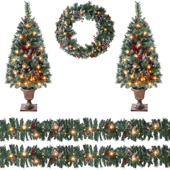 5 Pcs Pre Lit Artificial Christmas Wreath and Garland with Lights Set, 4ft Xmas Entrance Trees with 120 LED Light, 18ft Lighted Garlands and 24'' Wreath for Outdoor Christmas Decoration