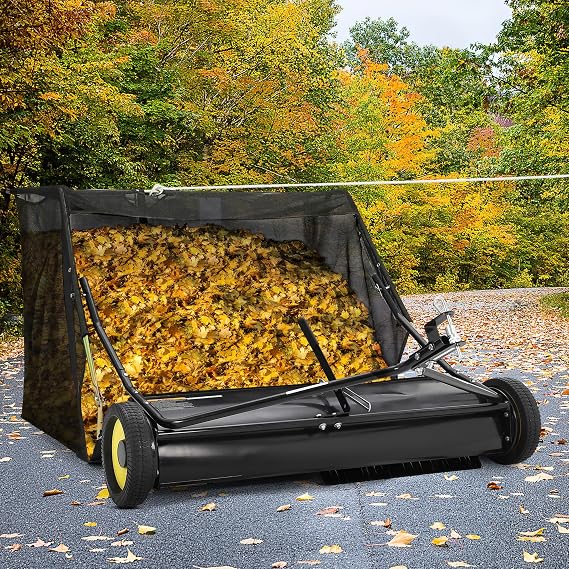 Tow Behind Lawn Sweeper 48 in, Large Capacity Heavy Duty Leaf & Grass Collector with Adjustable Sweeping Height, Dumping Rope Design for Picking Up Debris and Grass