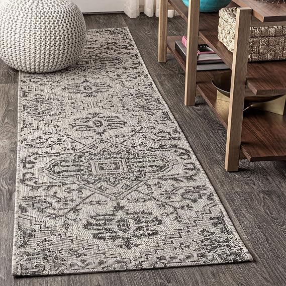 JONATHAN Y Boho Medallion Indoor Outdoor Runner Rug 2X8 Black/Gray, Estrella Textured Weave for Backyard, Patio, Porch, Easy-Cleaning, High Traffic, Pet-Friendly, Non-Shedding (SMB105D-28)