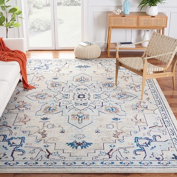 SAFAVIEH Area Rug 9x12 - Madison Collection - Large - Ivory & Light Blue, Boho Chic Distressed Medallion Design, Non-Shedding & Easy to Clean, Ideal for Living Room, Bedroom, Dining Space (MAD473D)