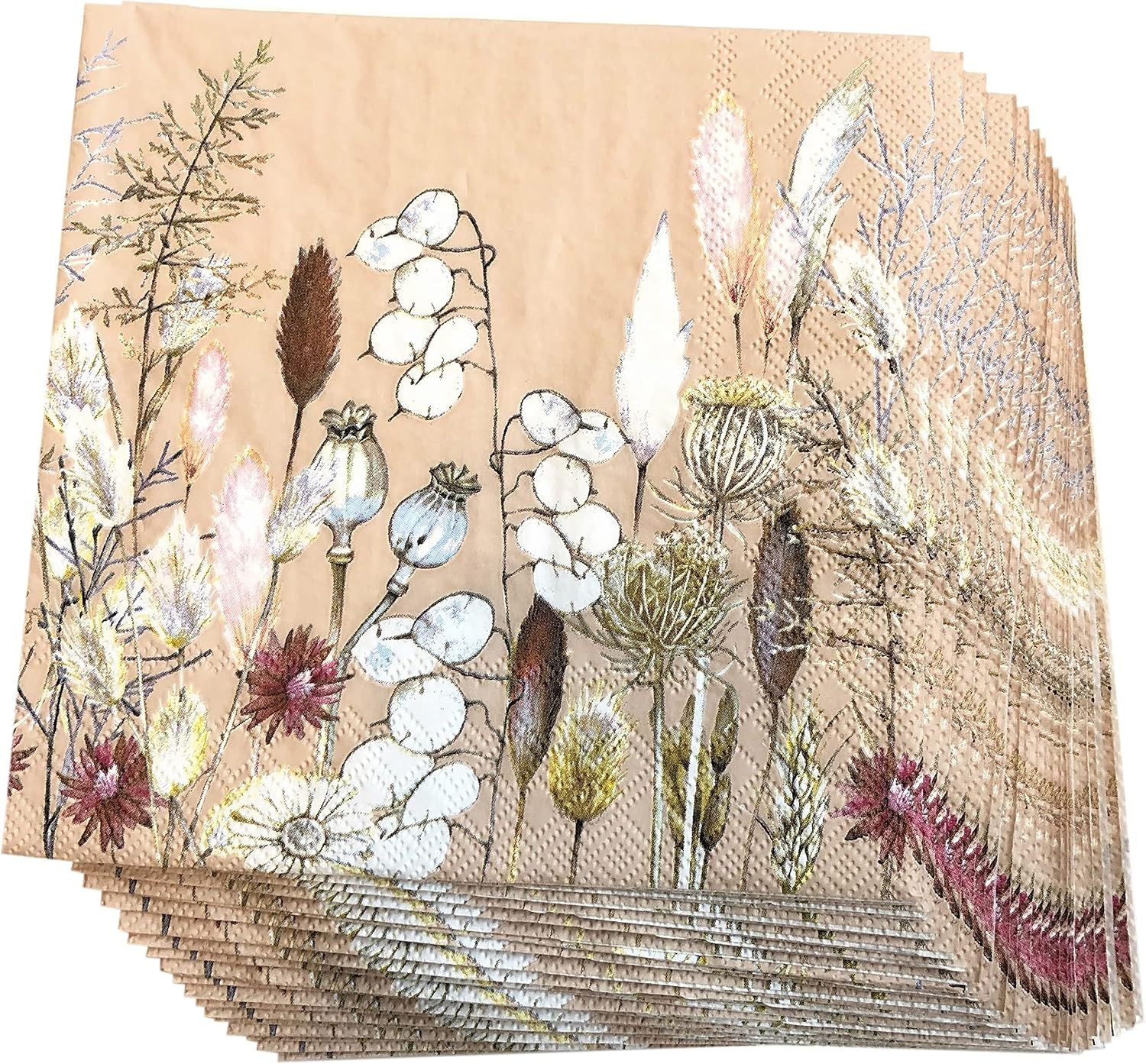 20 Counts 6.5 x 6.5 inches 3-Ply Tan Floral Decorative Napkins for Decoupage, Nature Themed Events, Eco-Friendly & Biodegradable
